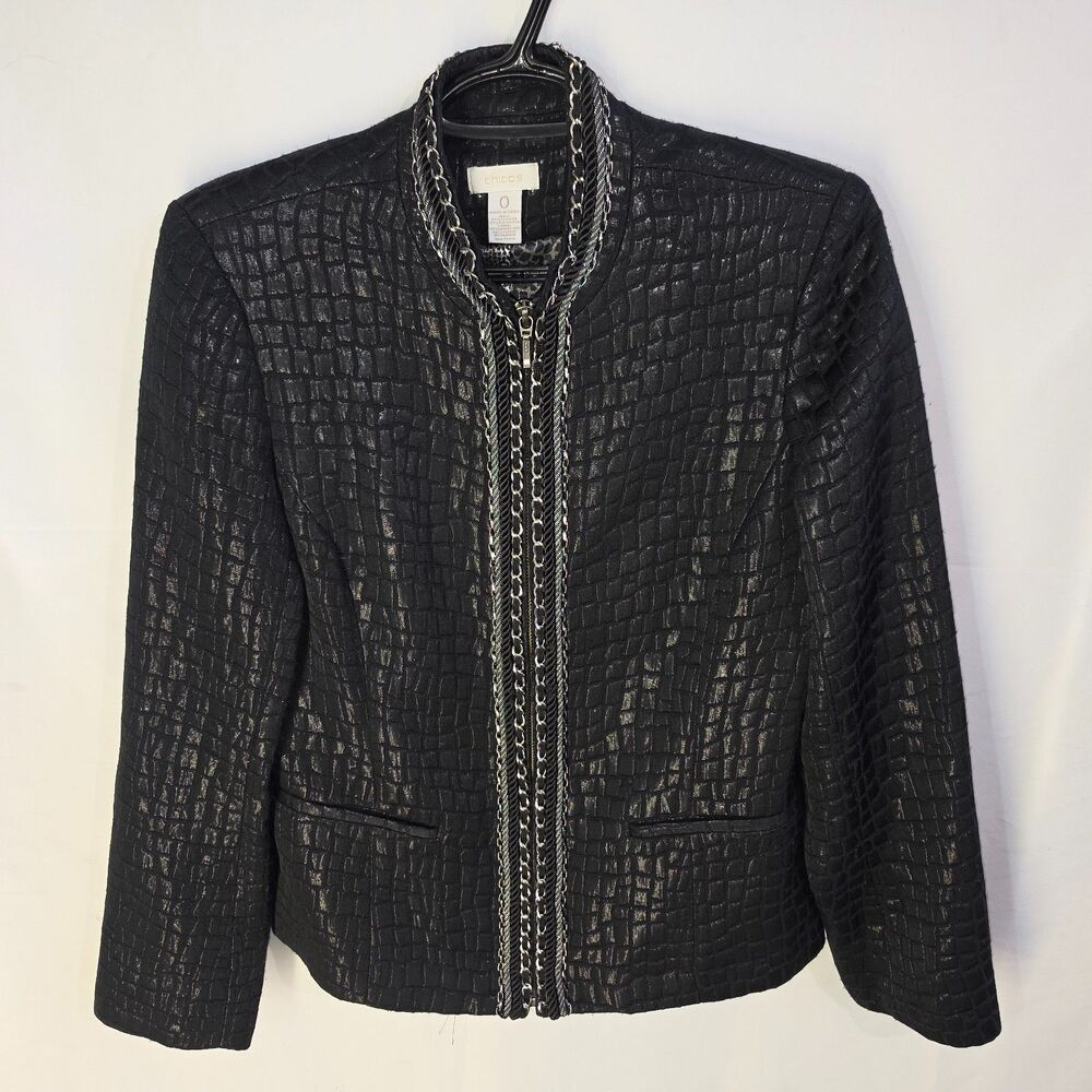 Chicos Metallic Chain Trim Blazer Jacket Black Croc Embossed Jacquard Zip Sz 0 S